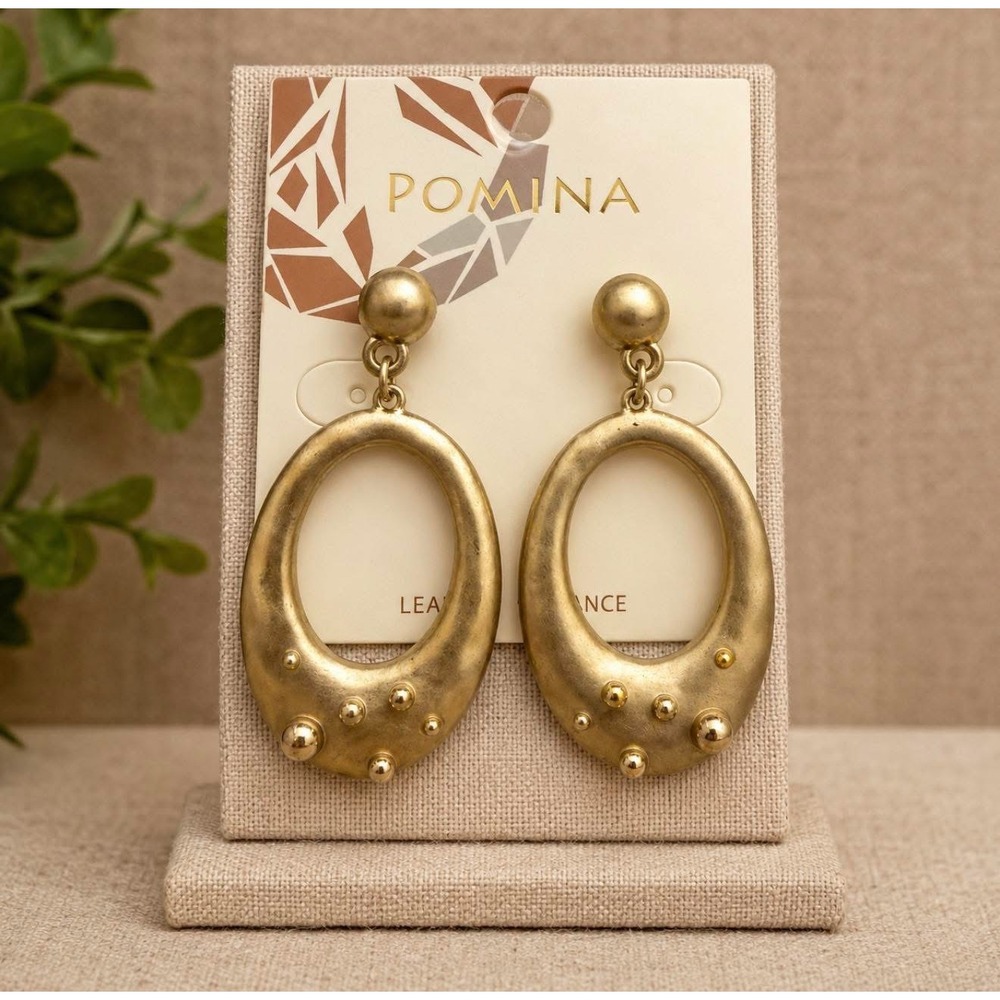 Pomina Gold Tone Open Oval Statement Earrings Modern Boho Glam Studded Drop NEW